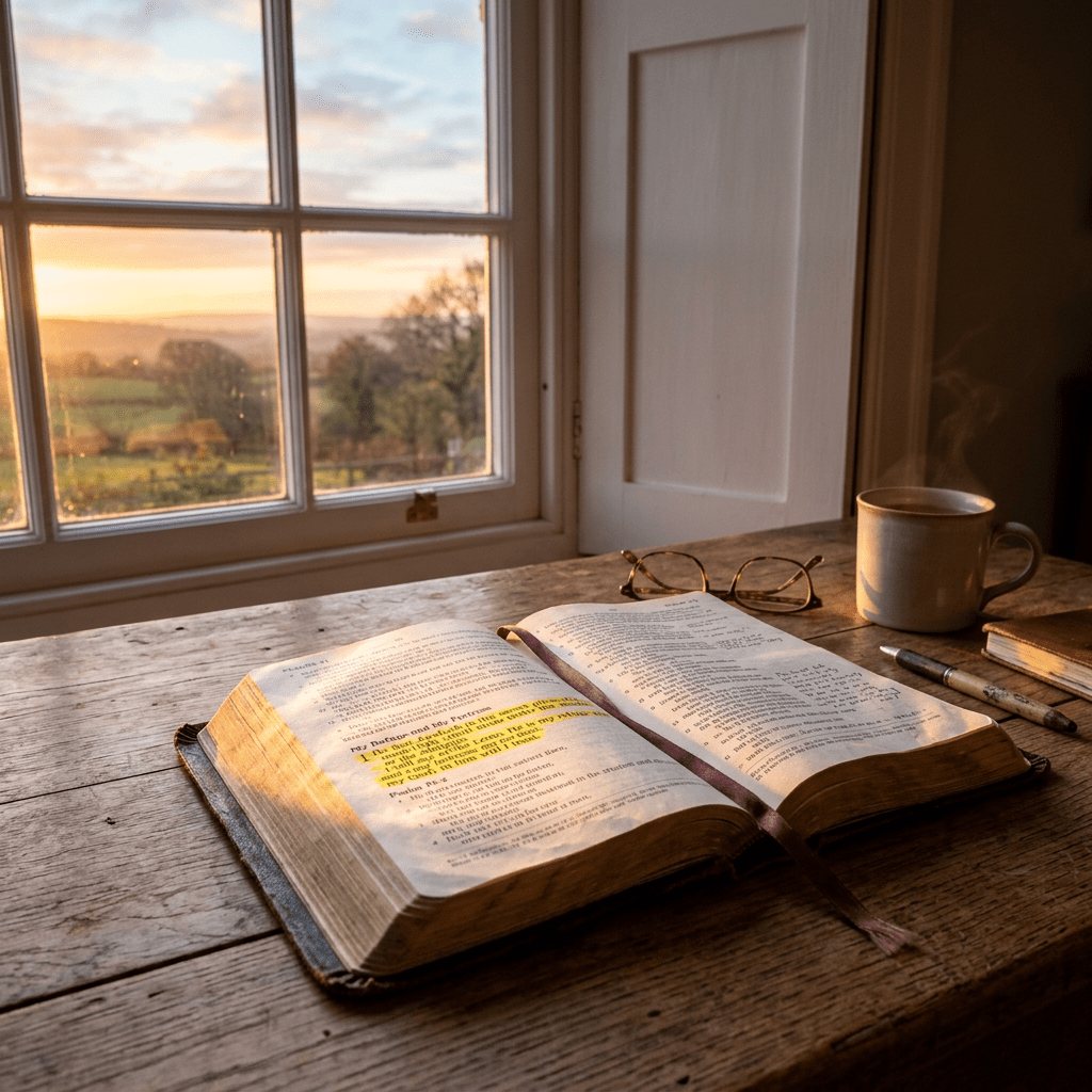 Open Bible with highlighted text, reading glasses, pen, and steaming coffee cup on wooden table by window