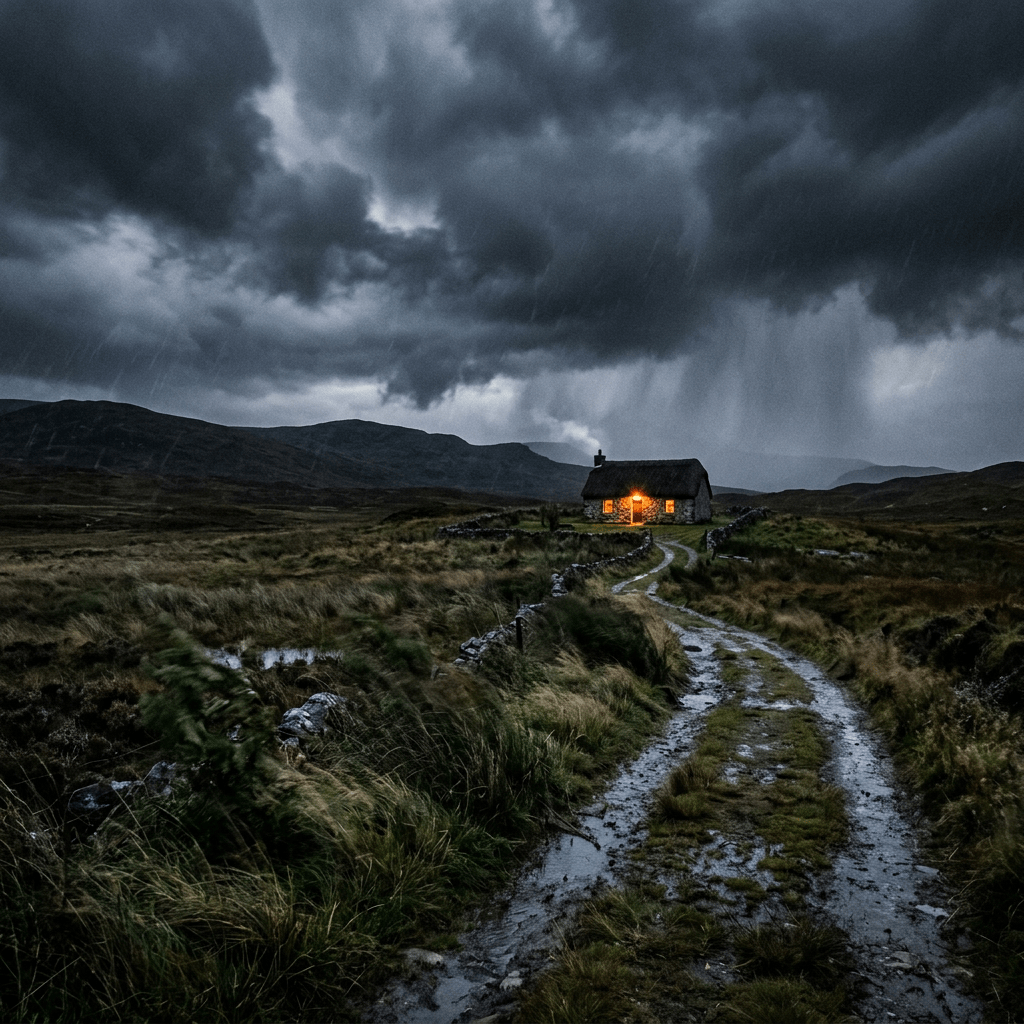 Stormy field with lit cottage in distance