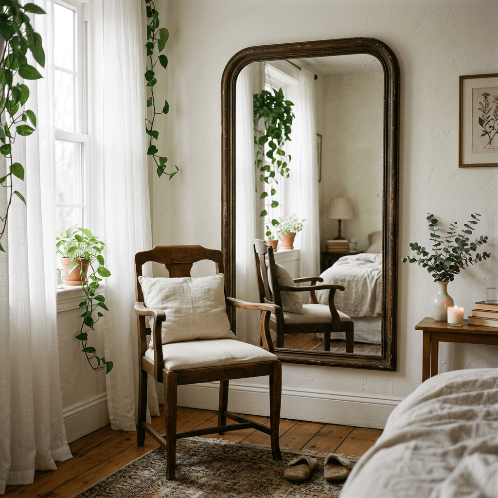 Wooden armchair with cushion in front of a tall framed mirror reflecting bedroom details