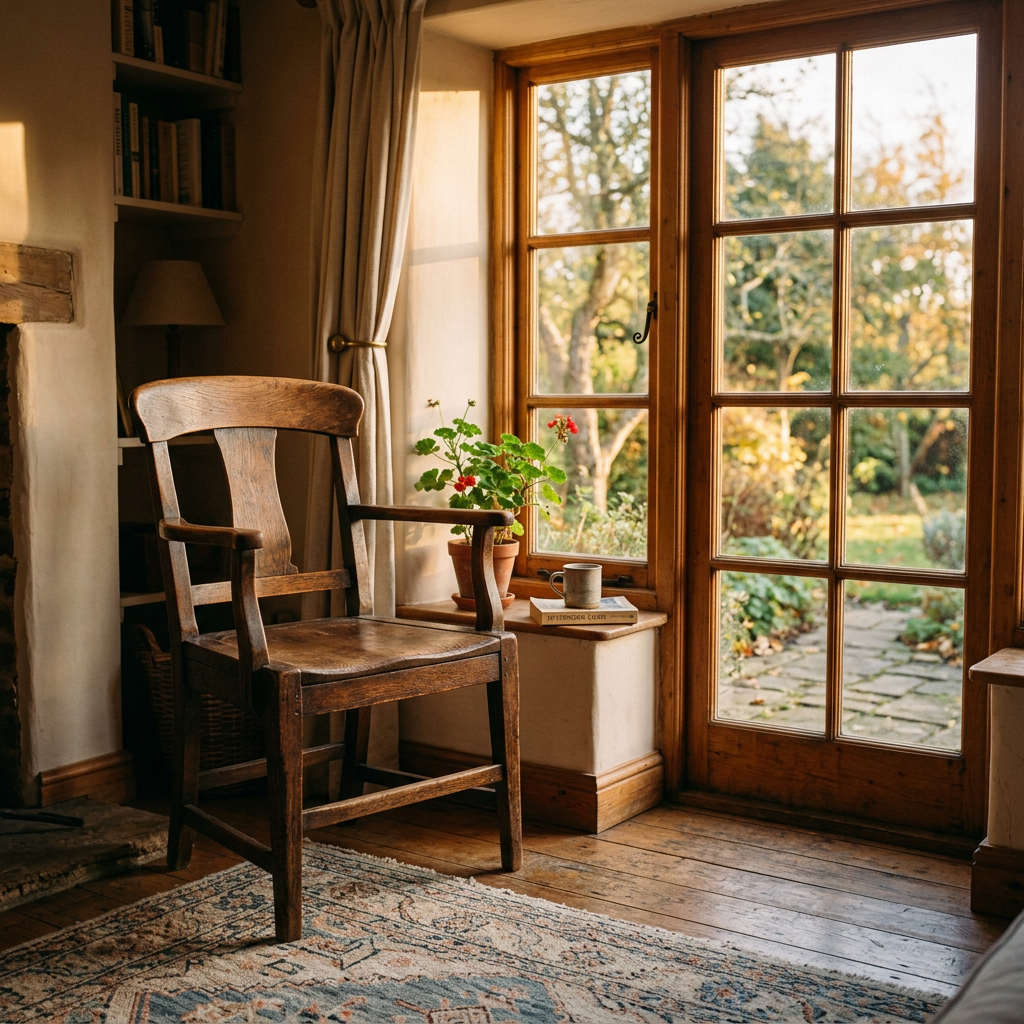 Wooden armchair beside a window with potted plant, book, and mug