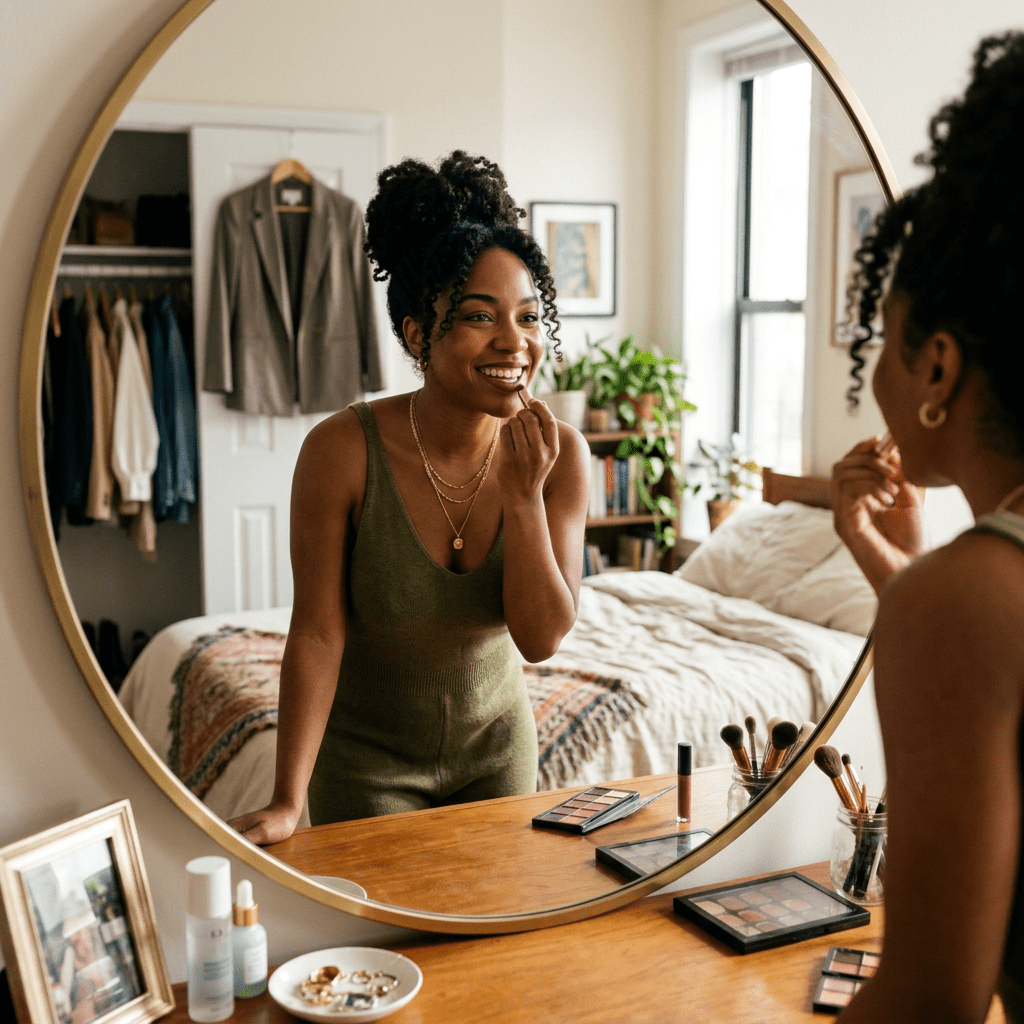 Woman applying lip gloss looking in bedroom mirror