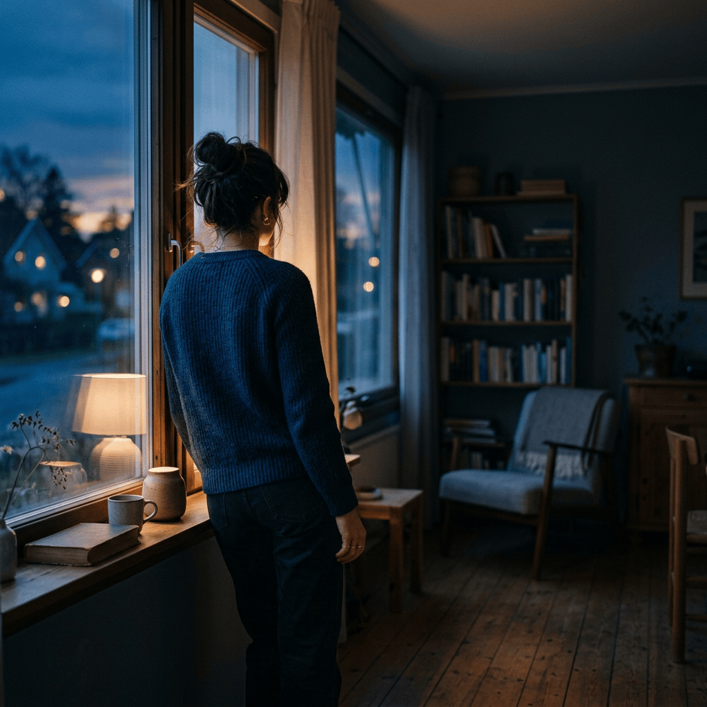 Woman standing by a window at twilight in a cozy living room