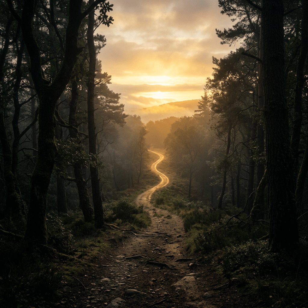 Winding forest trail leading toward a golden sunset over misty hills