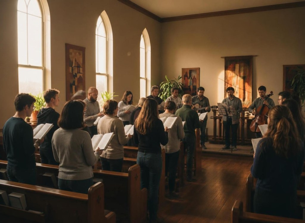 Keep the same people, setting, mood, composition, and visual style as the previous image, but clearly show every person standing upright on their feet. Do not show anyone sitting, kneeling, or seated. Preserve the informal outdoor gathering atmosphere and avoid a formal church building facade.