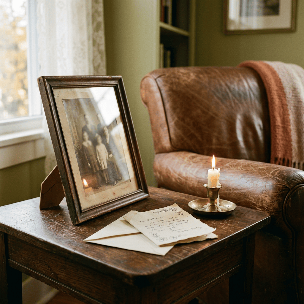 Framed family photograph, handwritten letter, and lit candle on a wooden table